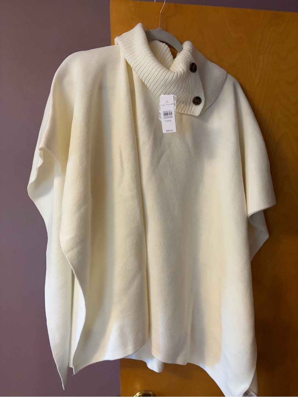 Ann Taylor Cream Turtleneck Button-Shoulder Poncho Sweater
